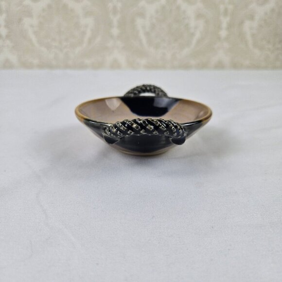 Studio Pottery Handmade Small Trinket Dish Bowl with Double Handles Cream Black - Picture 5 of 11